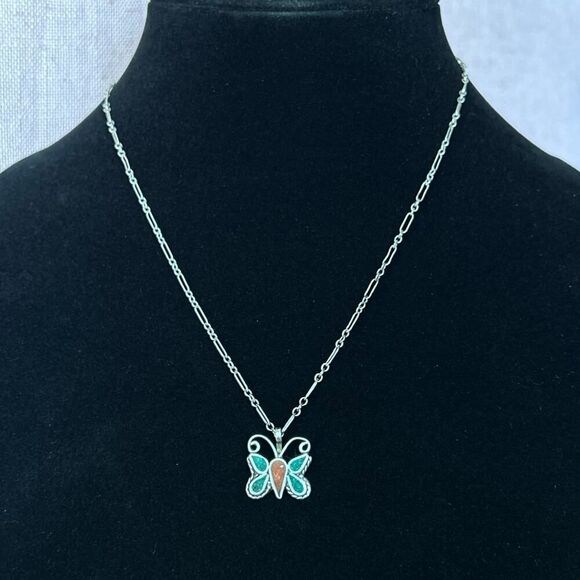 Vintage Sterling Silver 925 Butterfly Turquoise and Coral Chip Pendant 19” Chain - Picture 1 of 6